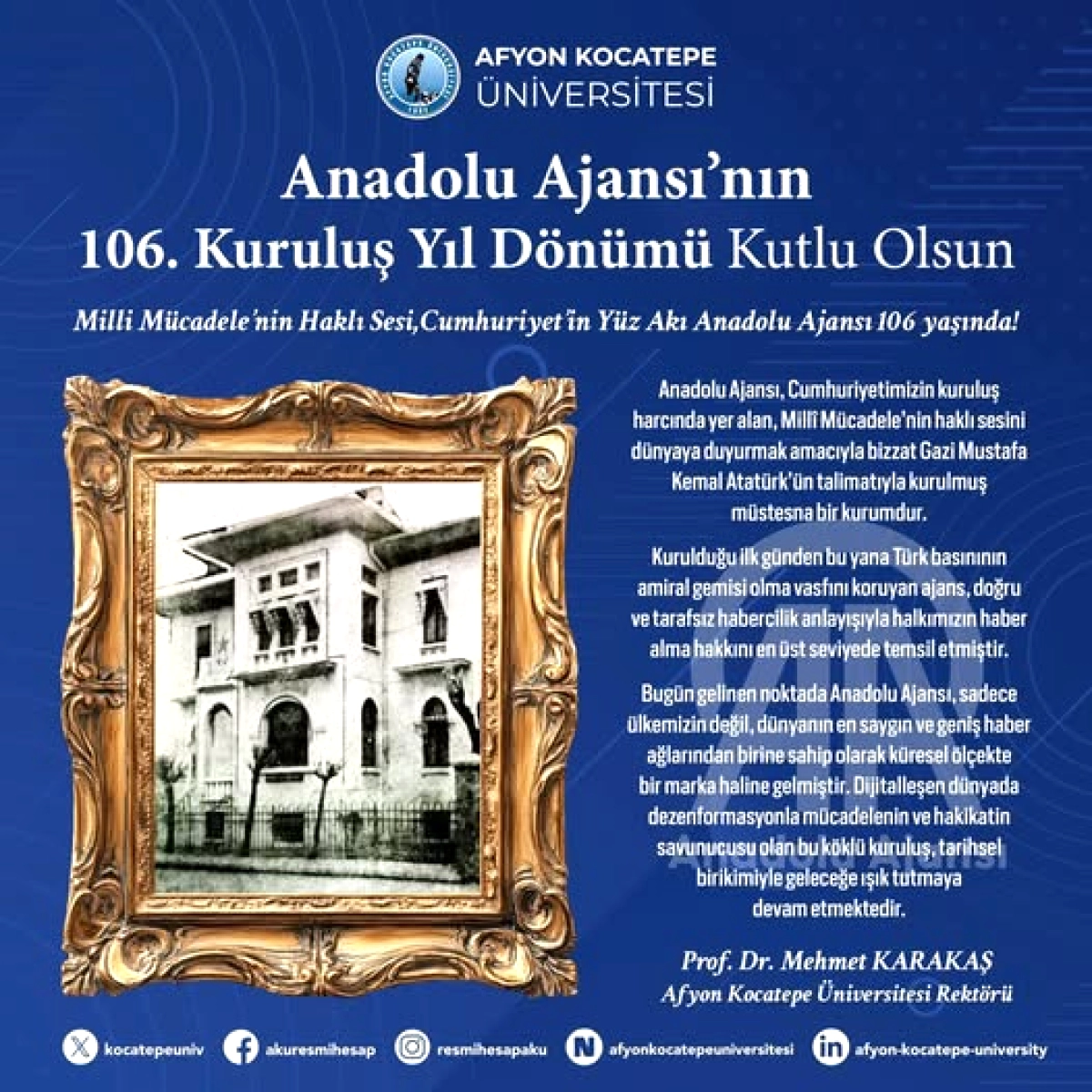 Anadolu Ajansı 106 Yaşında: Afyon Kocatepe Üniversitesi'nden Kutlama