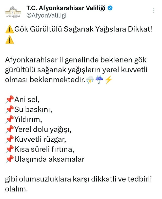 Afyonkarahisar'da Kuvvetli Sağanak Yağışlar ve Dikkat Edilmesi Gereken Hava Koşulları