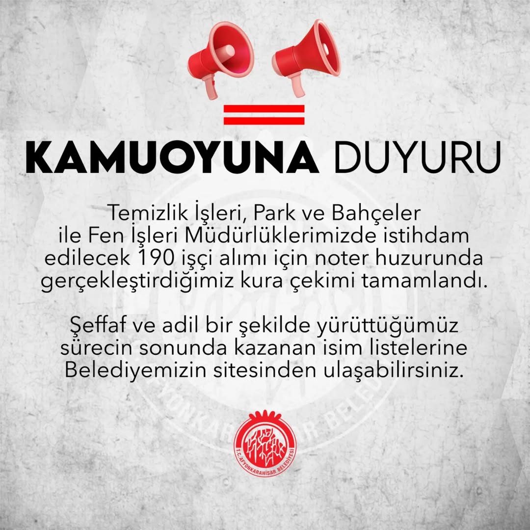 Afyon Belediyesi 190 İşçi Alımı Kura Çekimi Sonuçlandı