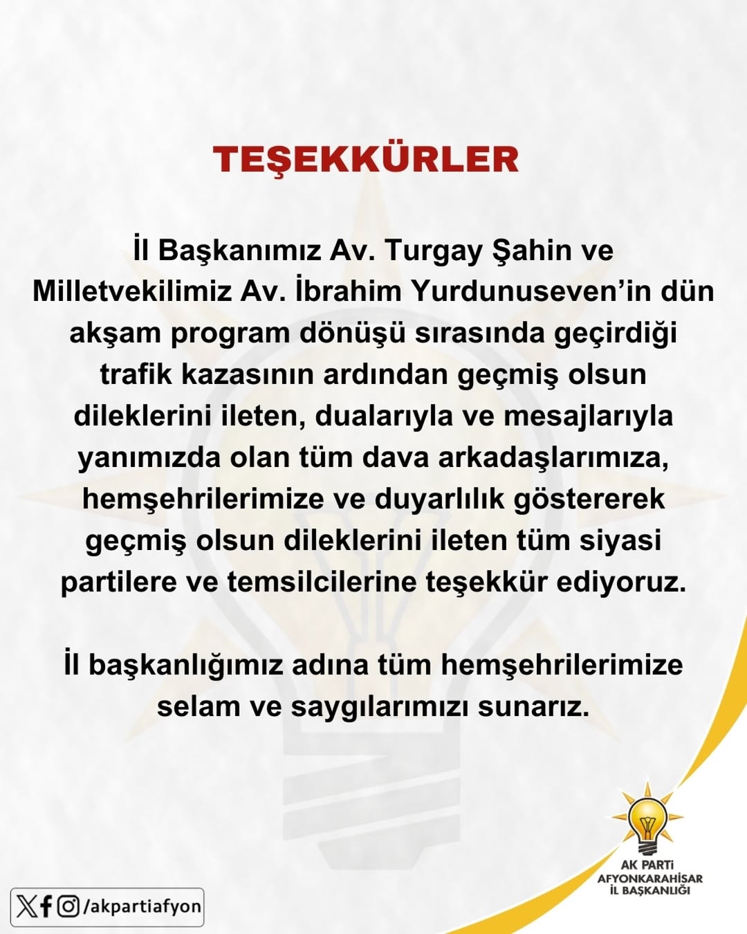 Afyonkarahisar'da Trafik Kazası Sonrası Teşekkür Mesajı