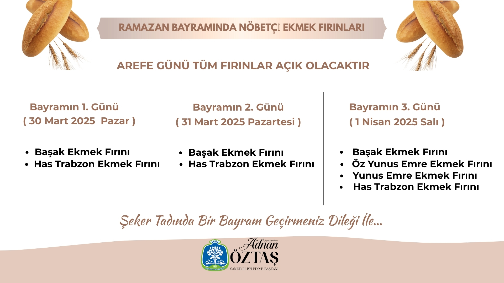 Sandıklı'da Ramazan Bayramı Nöbetçi Fırınları Belirlendi