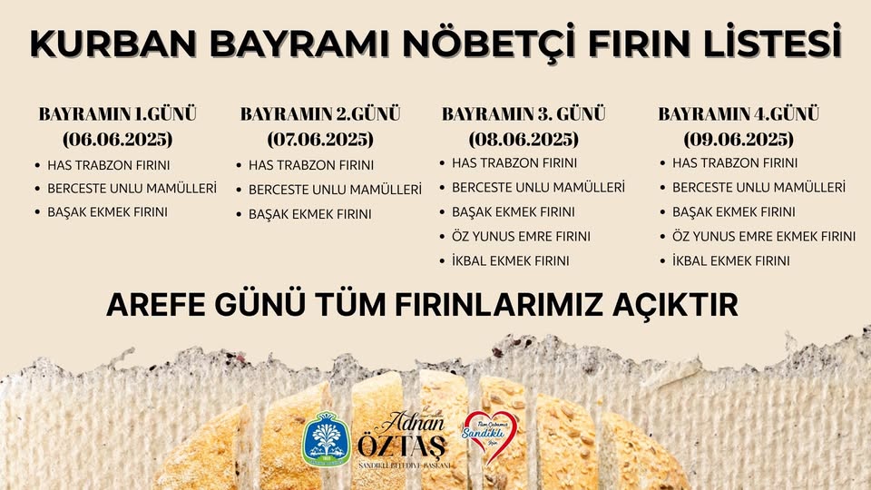 Sandıklı'da Kurban Bayramı'nda Nöbetçi Fırınlar Belirlendi
