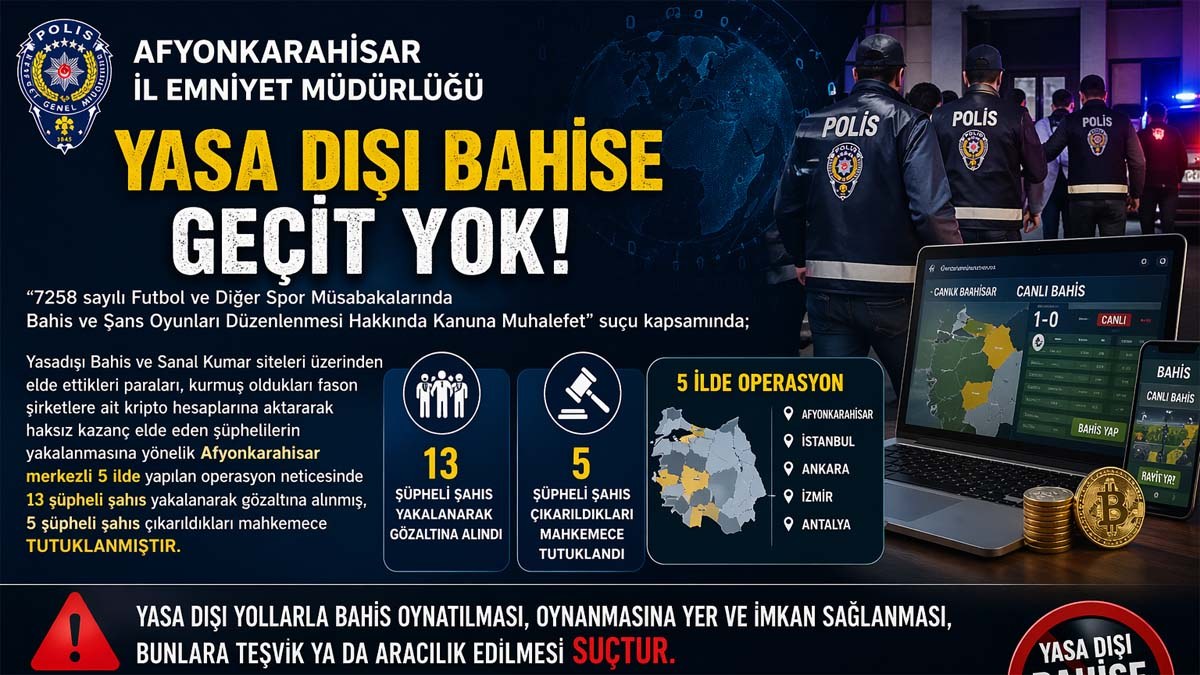 Afyon Merkezli Yasa Dışı Bahis Operasyonu: 13 Gözaltı, 5 Tutuklama